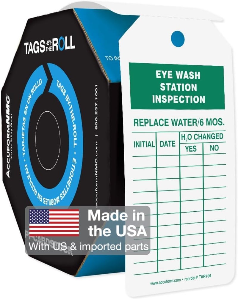NMC AccuformNMC 100 Tags by-The-Roll, Eyewash Station Inspection Tags with Record, US Made OSHA Compliant Eye Wash Tags, Waterproof PF-Cardstock, Resists Tears, 6.25"x3", TAR709 - Image 1